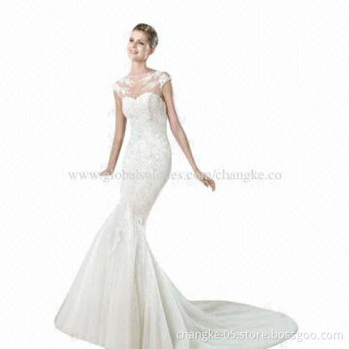 New wedding dresses, sheer crew neckline, long mermaid